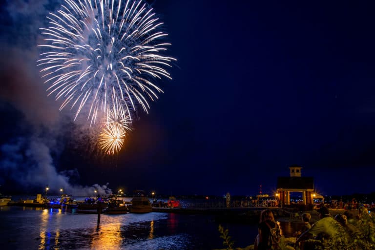 Fireworks in the night sky over the ocean