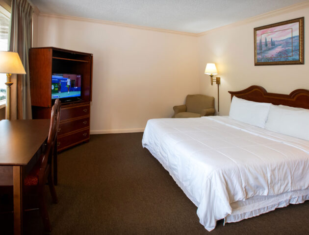 A spacious Yorktown hotel room with colonial green carpet, a king bed with white linens, a desk, and TV.